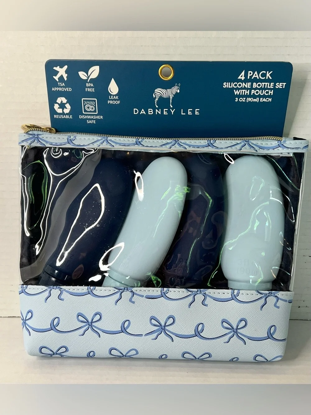 Dabney Lee Navy Light Blue Bow Travel Toiletry Bag Silicone Bottle Set New